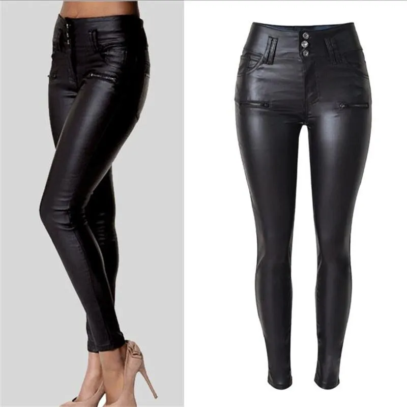 2018 New Winter elegant ladies fashion PU leather Leggings wild Slim pencil trousers feet leather pants brand design women dress