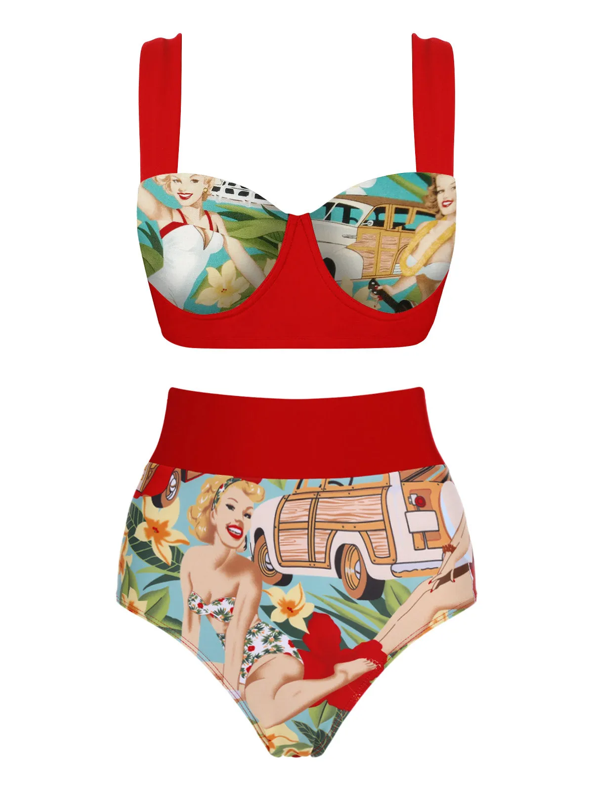 3PCS Red Retro Lady Bikini Set