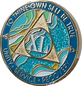 40 Year AA Medallion Elegant Caribbean Aqua Glitter Teal Marble Gold Sobriety Chip