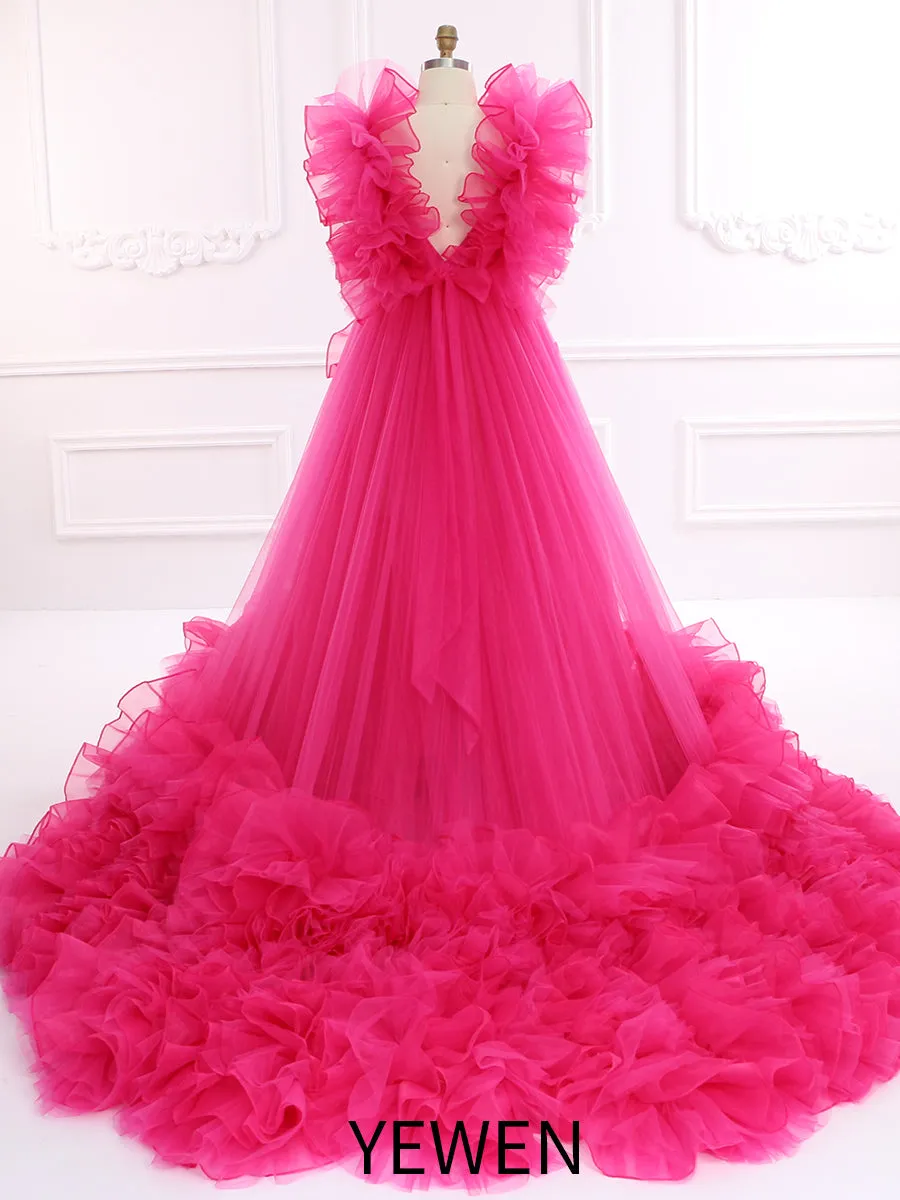 60cm Train Ruffles Tulle with Organza Wedding Dress Photo Shoot Dress YW230920-1