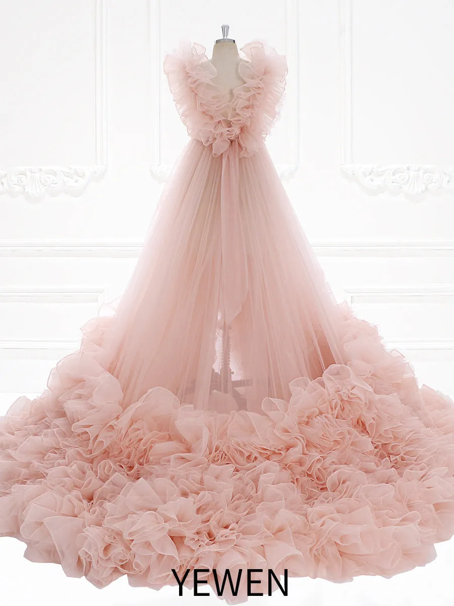 60cm Train Ruffles Tulle with Organza Wedding Dress Photo Shoot Dress YW230920-1