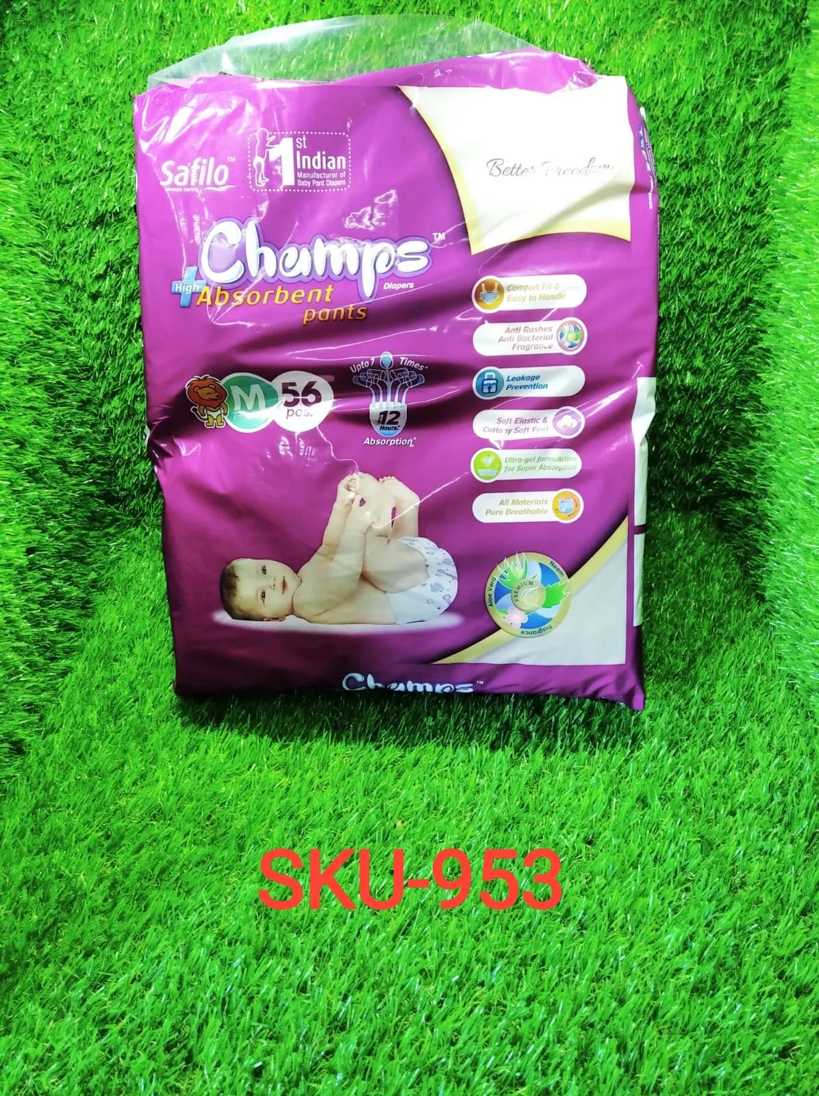 953 Premium Champs High Absorbent Pant Style Diaper Medium Size, 56 Pieces (953_Medium_56)