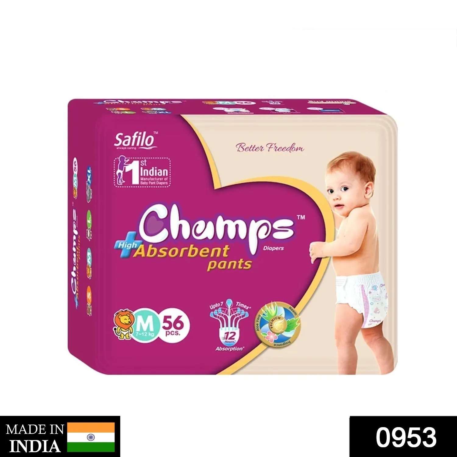 953 Premium Champs High Absorbent Pant Style Diaper Medium Size, 56 Pieces (953_Medium_56)