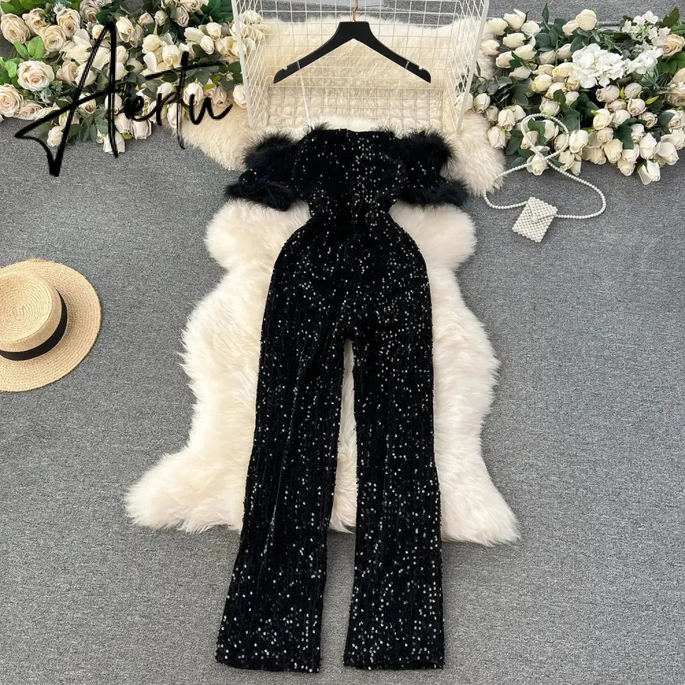 Aiertu  Autumn Elegant Sexy Black Jumpsuits Europen Fashion Off the Shoulder Feather Patchwork Sequins Slim Long Playsuit