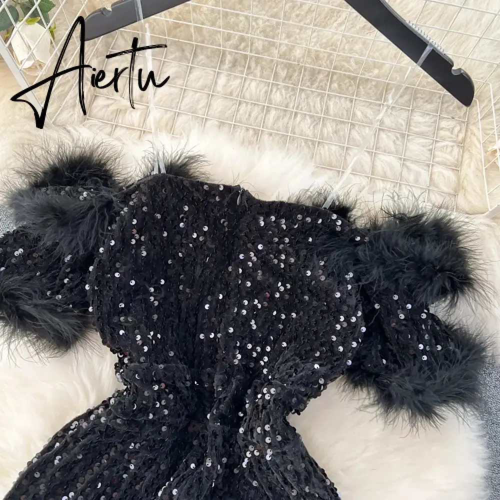 Aiertu  Autumn Elegant Sexy Black Jumpsuits Europen Fashion Off the Shoulder Feather Patchwork Sequins Slim Long Playsuit