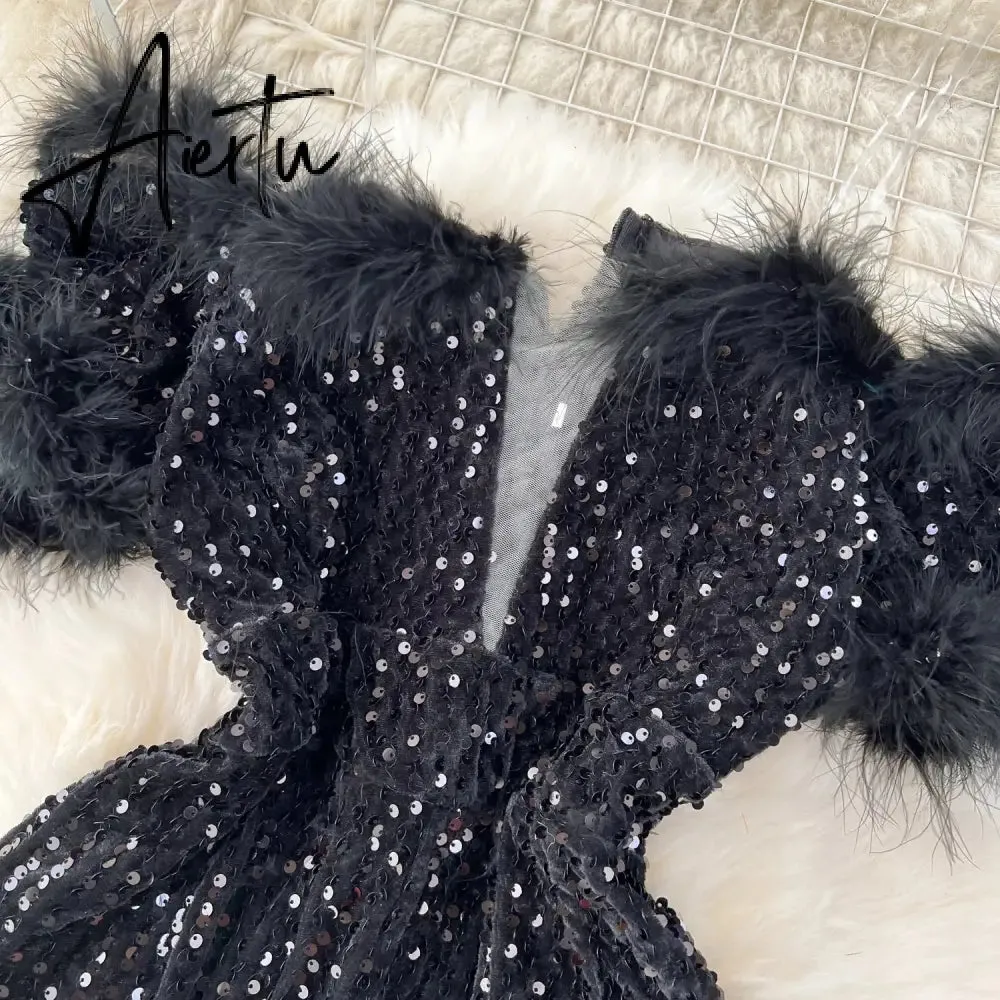 Aiertu  Autumn Elegant Sexy Black Jumpsuits Europen Fashion Off the Shoulder Feather Patchwork Sequins Slim Long Playsuit