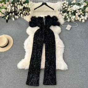 Aiertu  Autumn Elegant Sexy Black Jumpsuits Europen Fashion Off the Shoulder Feather Patchwork Sequins Slim Long Playsuit