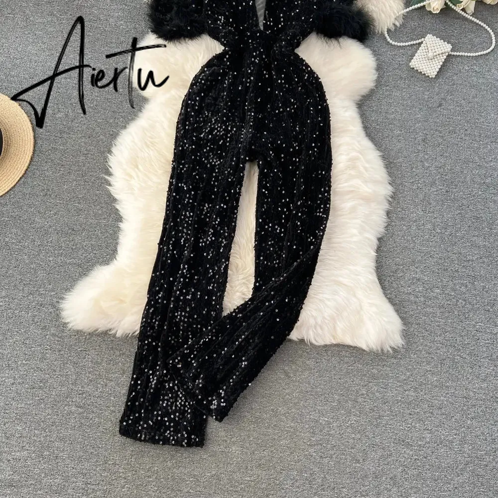 Aiertu  Autumn Elegant Sexy Black Jumpsuits Europen Fashion Off the Shoulder Feather Patchwork Sequins Slim Long Playsuit