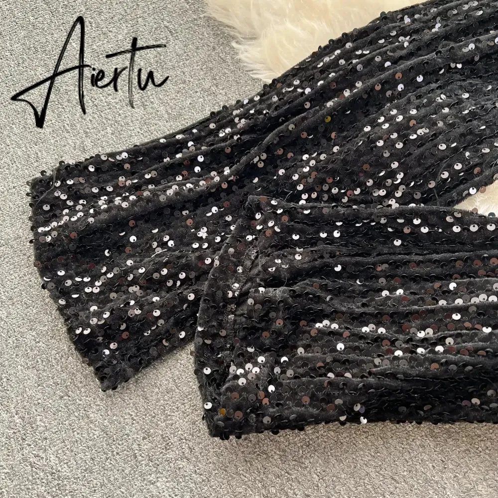 Aiertu  Autumn Elegant Sexy Black Jumpsuits Europen Fashion Off the Shoulder Feather Patchwork Sequins Slim Long Playsuit