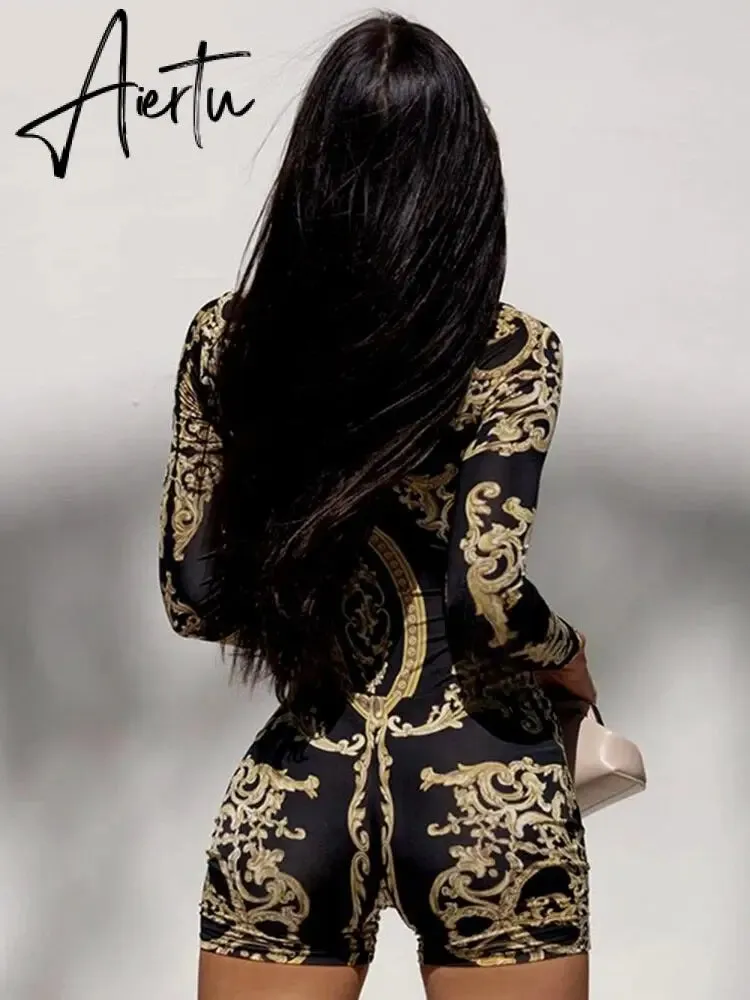 Aiertu  Classical Print O Neck Long Sleeve Playsuit New Year Sexy Slim Sports Elegant Casual Streetwear Concise Y2K