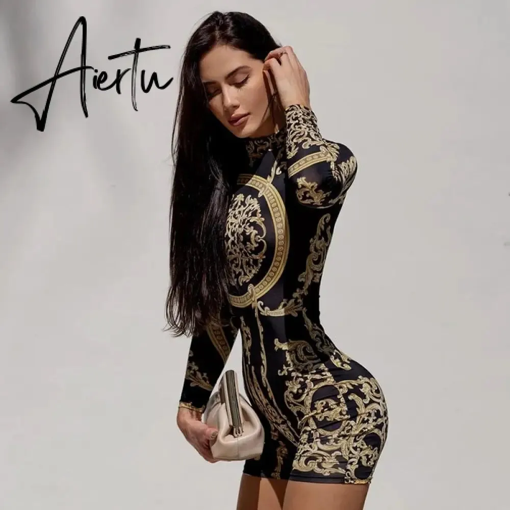 Aiertu  Classical Print O Neck Long Sleeve Playsuit New Year Sexy Slim Sports Elegant Casual Streetwear Concise Y2K