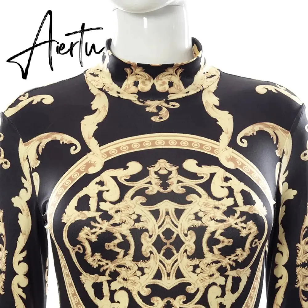 Aiertu  Classical Print O Neck Long Sleeve Playsuit New Year Sexy Slim Sports Elegant Casual Streetwear Concise Y2K