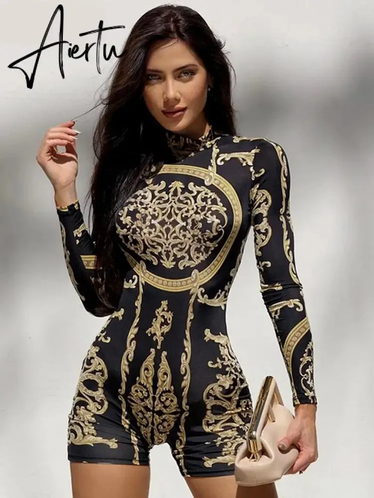 Aiertu  Classical Print O Neck Long Sleeve Playsuit New Year Sexy Slim Sports Elegant Casual Streetwear Concise Y2K