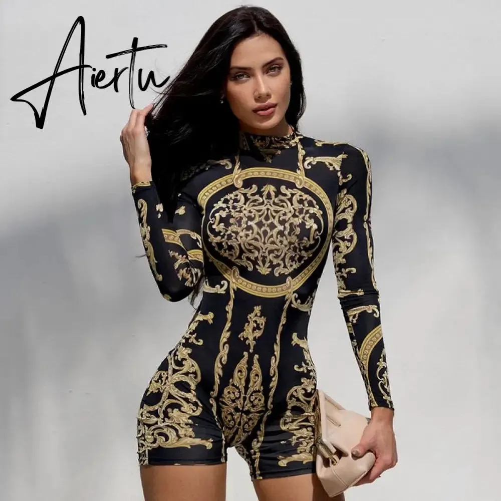 Aiertu  Classical Print O Neck Long Sleeve Playsuit New Year Sexy Slim Sports Elegant Casual Streetwear Concise Y2K