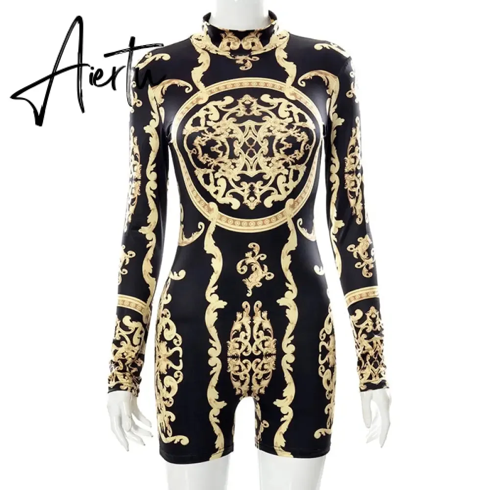 Aiertu  Classical Print O Neck Long Sleeve Playsuit New Year Sexy Slim Sports Elegant Casual Streetwear Concise Y2K