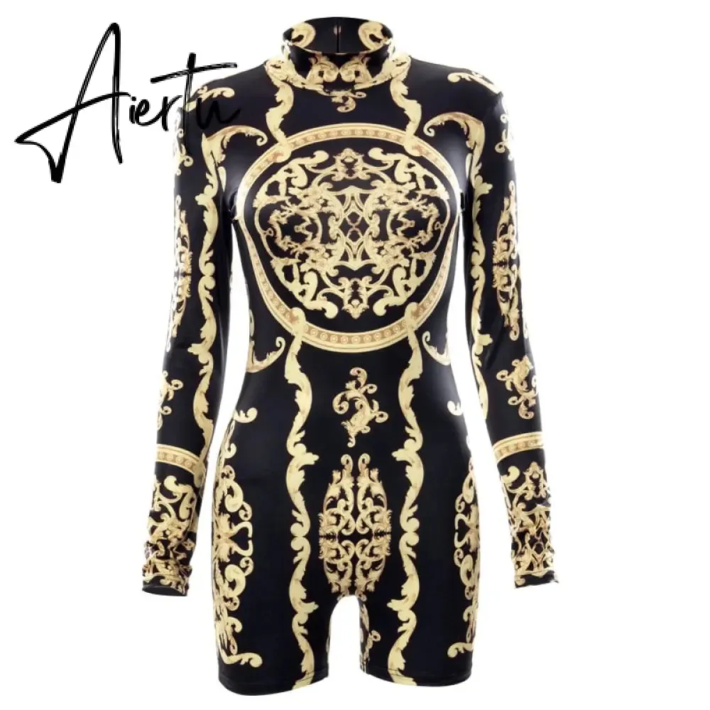 Aiertu  Classical Print O Neck Long Sleeve Playsuit New Year Sexy Slim Sports Elegant Casual Streetwear Concise Y2K