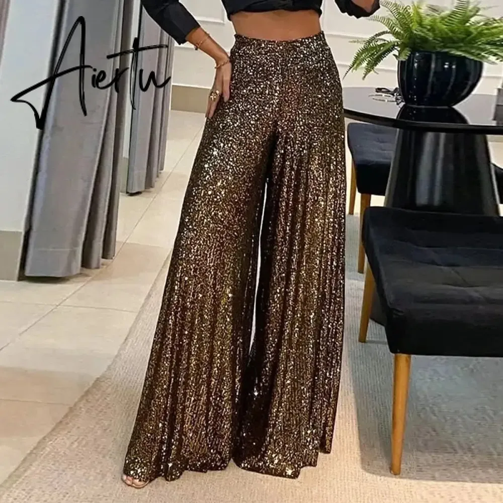 Aiertu Elegant Shinny Sequin Long Pants Women Fashion High Waist Draped Loose Trousers Spring Autumn Casual Wide Legger Solid Pant