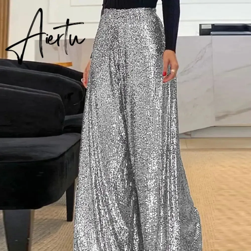 Aiertu Elegant Shinny Sequin Long Pants Women Fashion High Waist Draped Loose Trousers Spring Autumn Casual Wide Legger Solid Pant