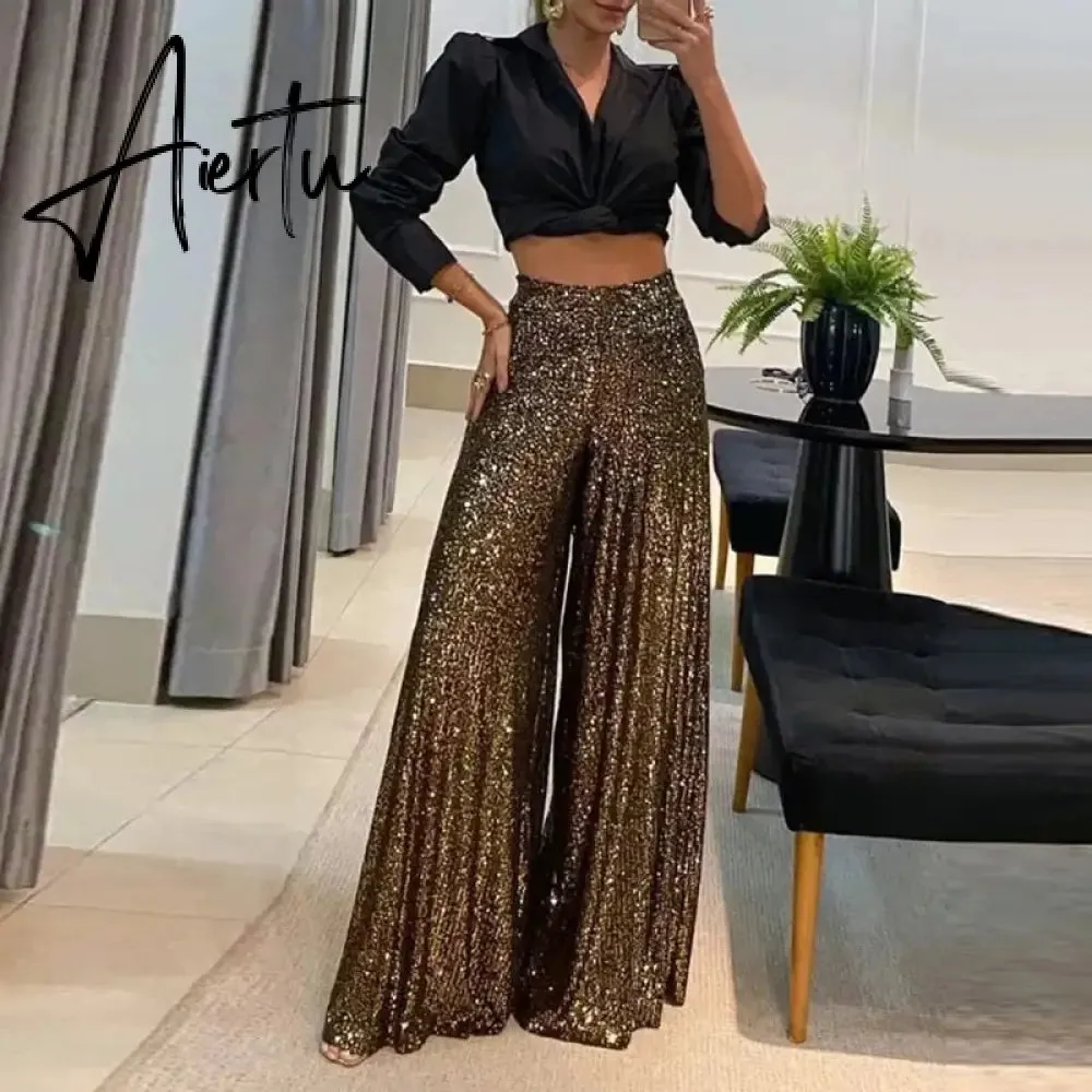 Aiertu Elegant Shinny Sequin Long Pants Women Fashion High Waist Draped Loose Trousers Spring Autumn Casual Wide Legger Solid Pant