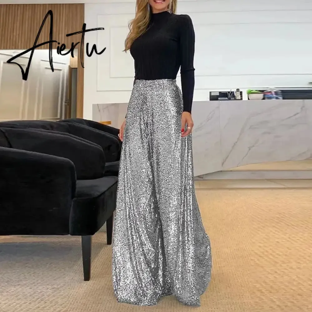 Aiertu Elegant Shinny Sequin Long Pants Women Fashion High Waist Draped Loose Trousers Spring Autumn Casual Wide Legger Solid Pant