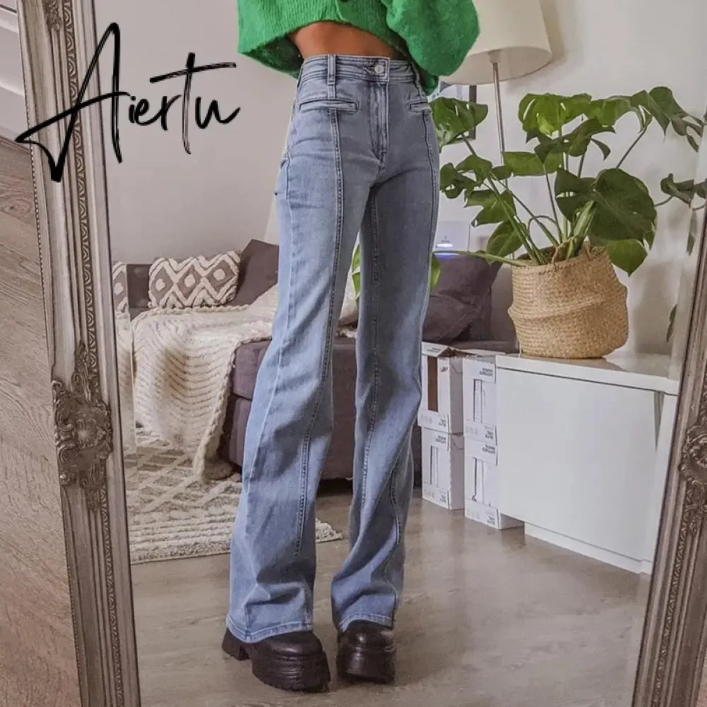 Aiertu  Vintage High Waist Jeans Woman Casual Elegant Long Trousers Ladies High Street Autumn Fashion Denim Pants Capris