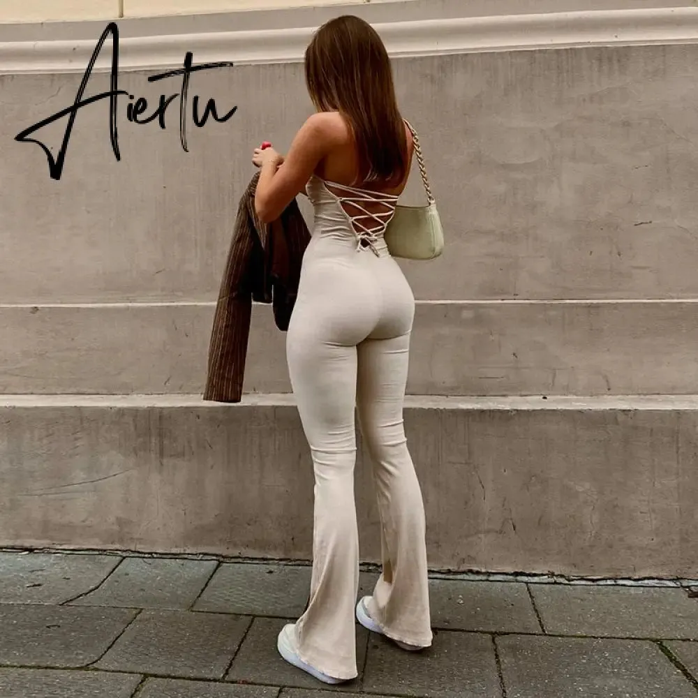 Aieru Bandage Sexy Backless Elegant Strapless Jumpsuits Women Club Party Flare Pants Rompers One Piece Outfits Overalls