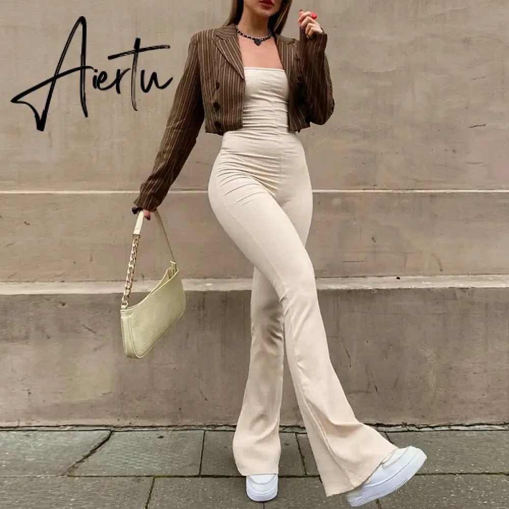 Aieru Bandage Sexy Backless Elegant Strapless Jumpsuits Women Club Party Flare Pants Rompers One Piece Outfits Overalls