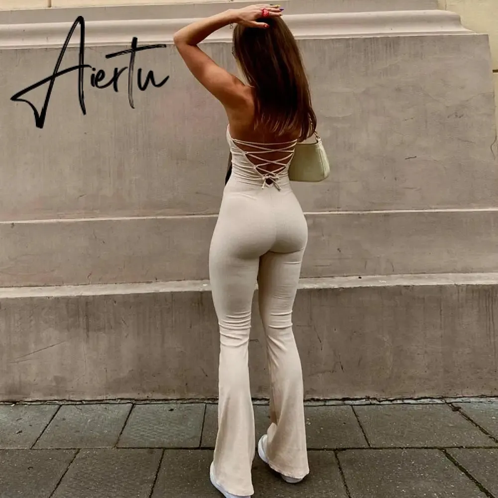 Aieru Bandage Sexy Backless Elegant Strapless Jumpsuits Women Club Party Flare Pants Rompers One Piece Outfits Overalls