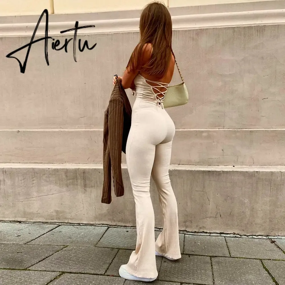 Aieru Bandage Sexy Backless Elegant Strapless Jumpsuits Women Club Party Flare Pants Rompers One Piece Outfits Overalls