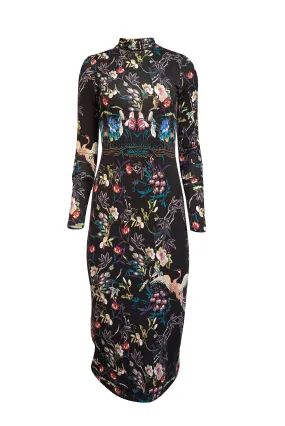 Alice & Olivia - Black w/ Multicolor Floral Print Turtleneck Midi Dress Sz 4