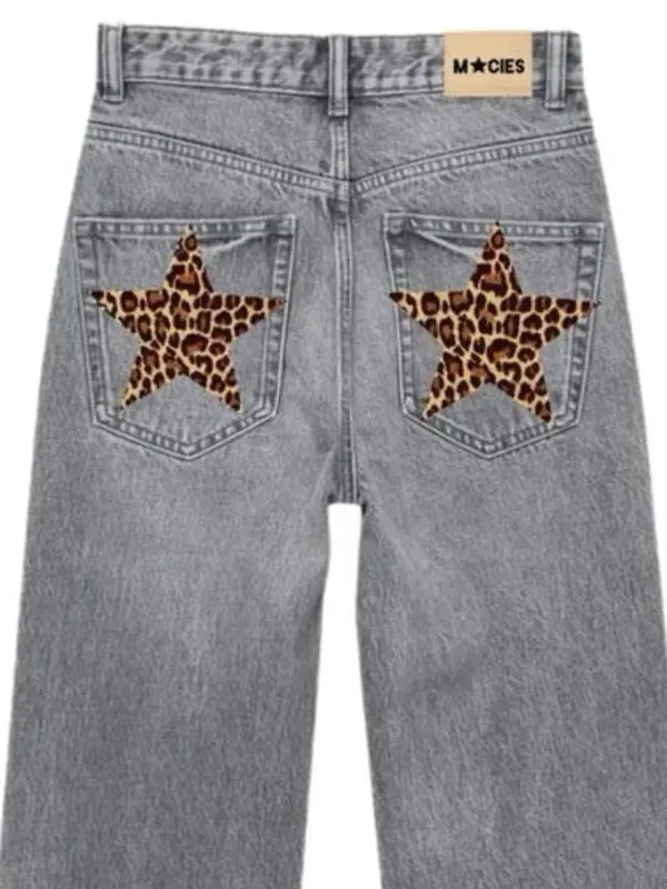 American Jeans Y2K Womens Harajuku Leopard Print Five Pointed Star Graphic Retro Blue Baggy Jeans Pants High Waist Slim Trousers