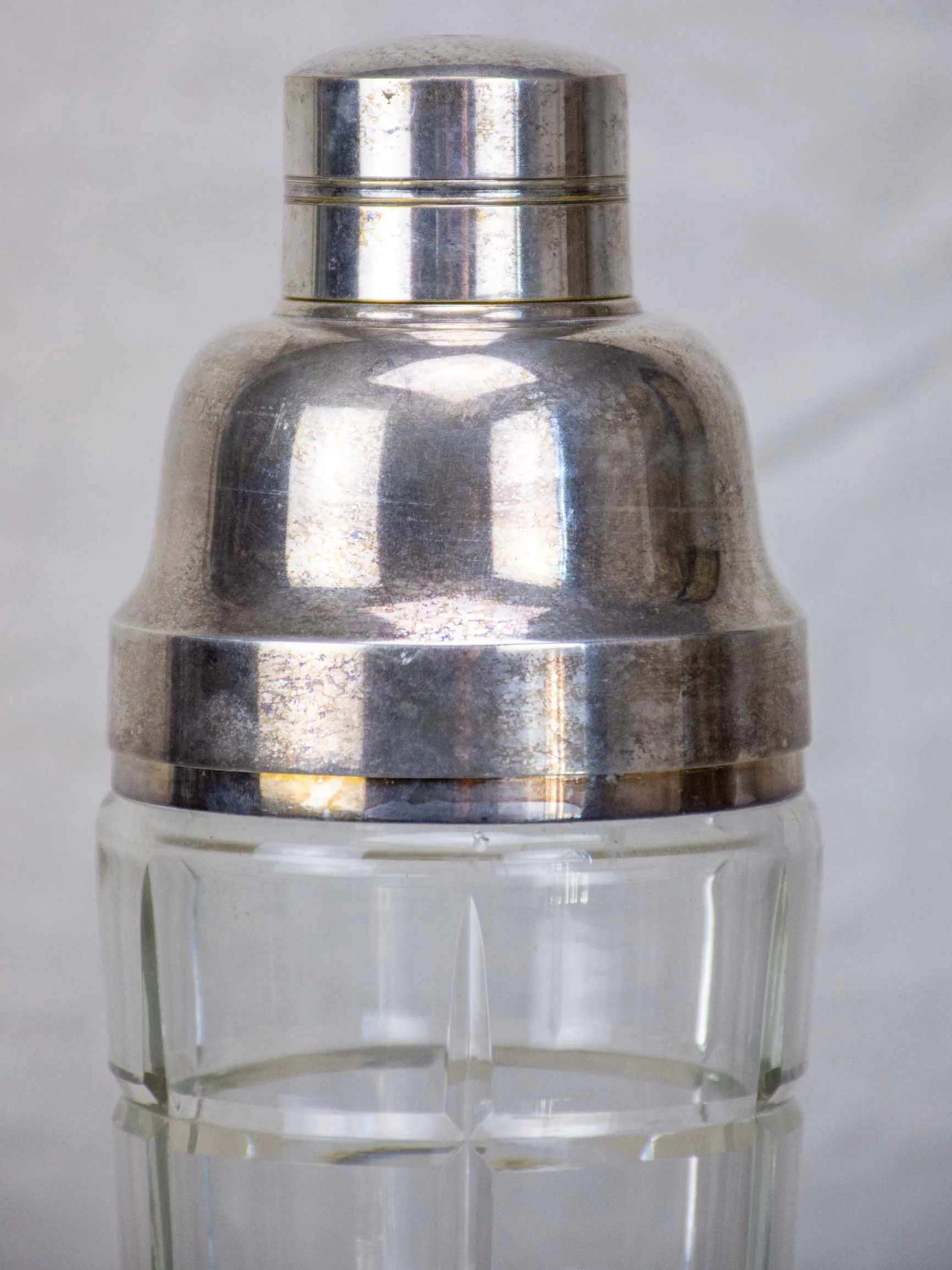 Art Deco crystal cocktail shaker with silverplate lid