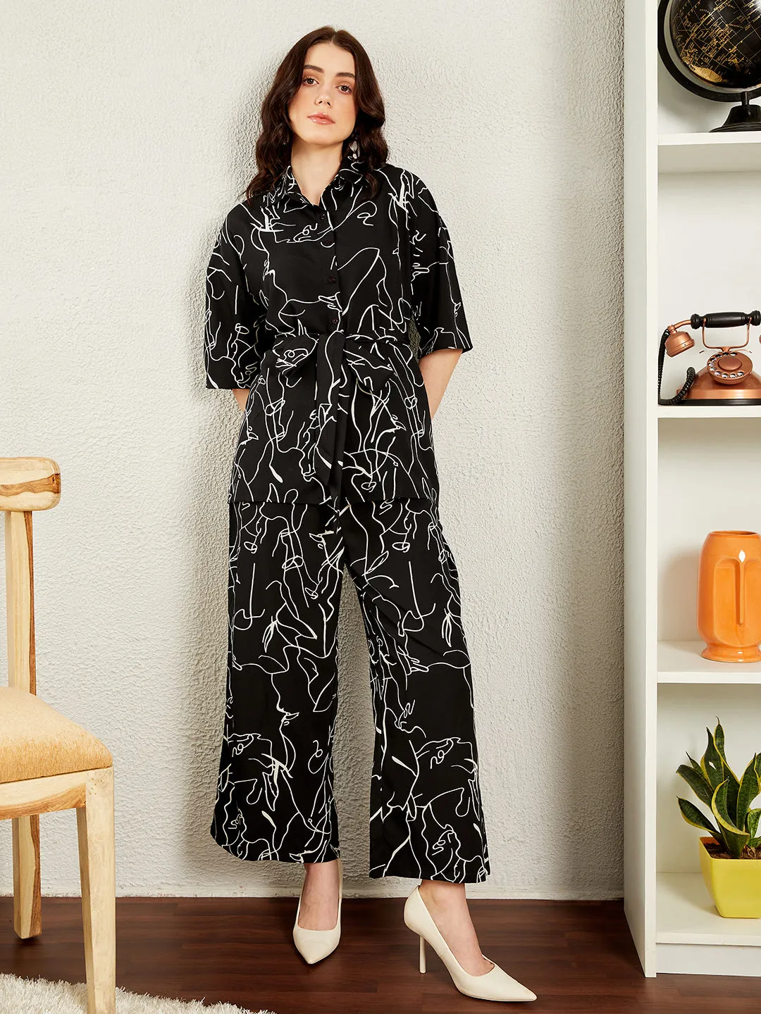 Berrylush BIZwear Women Black & White Abstract Printed Shirt Collar Neck Tie-Up Belted Top & Wide Leg Pants Set