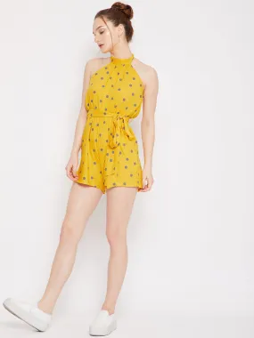 Berrylush Women Yellow & Grey Polka Dot Printed Halter Neck Backless Belted Mini Jumpsuit