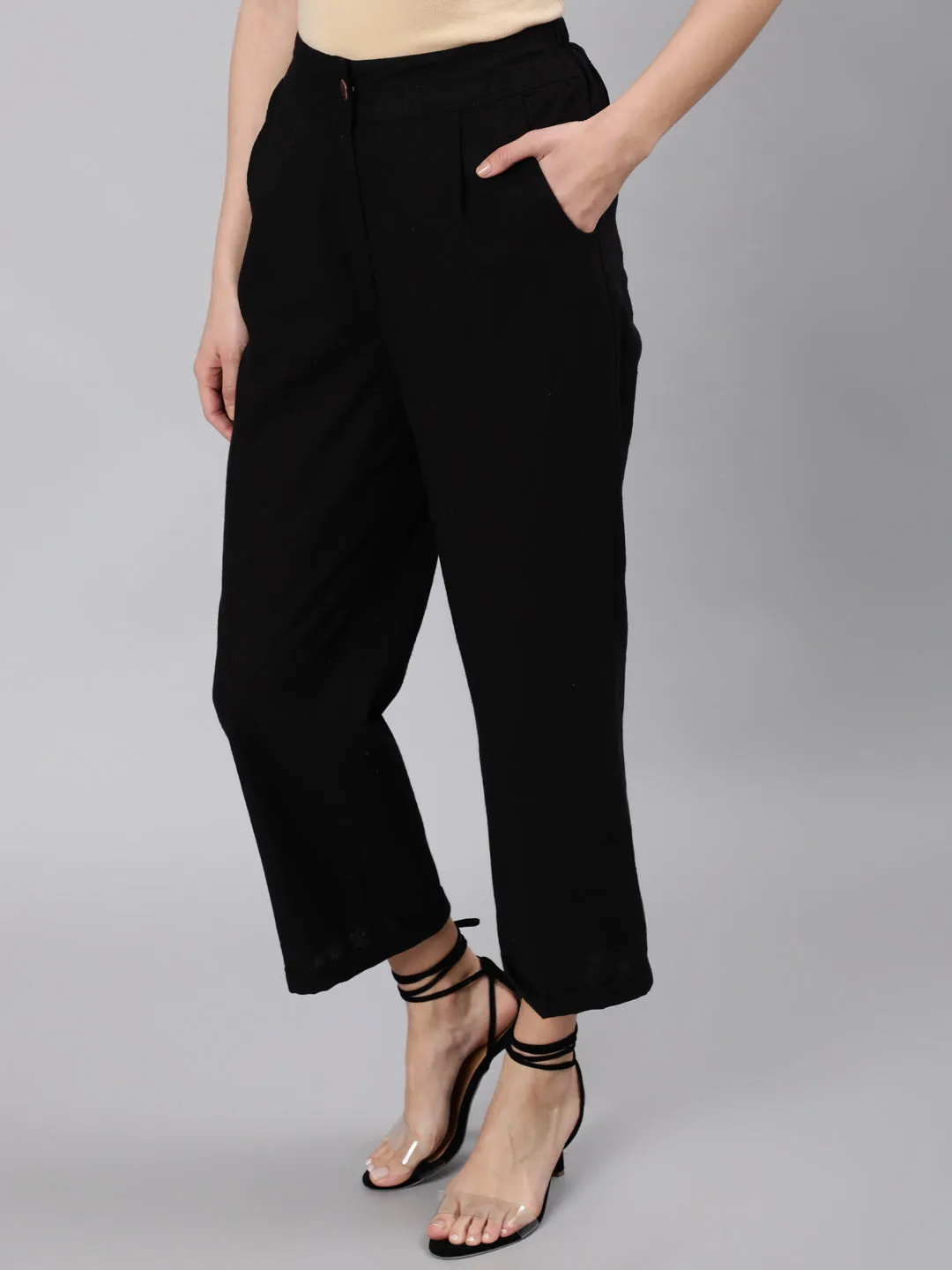 Black Cotton Slub Straight High Rise Bottom-Fold Pants