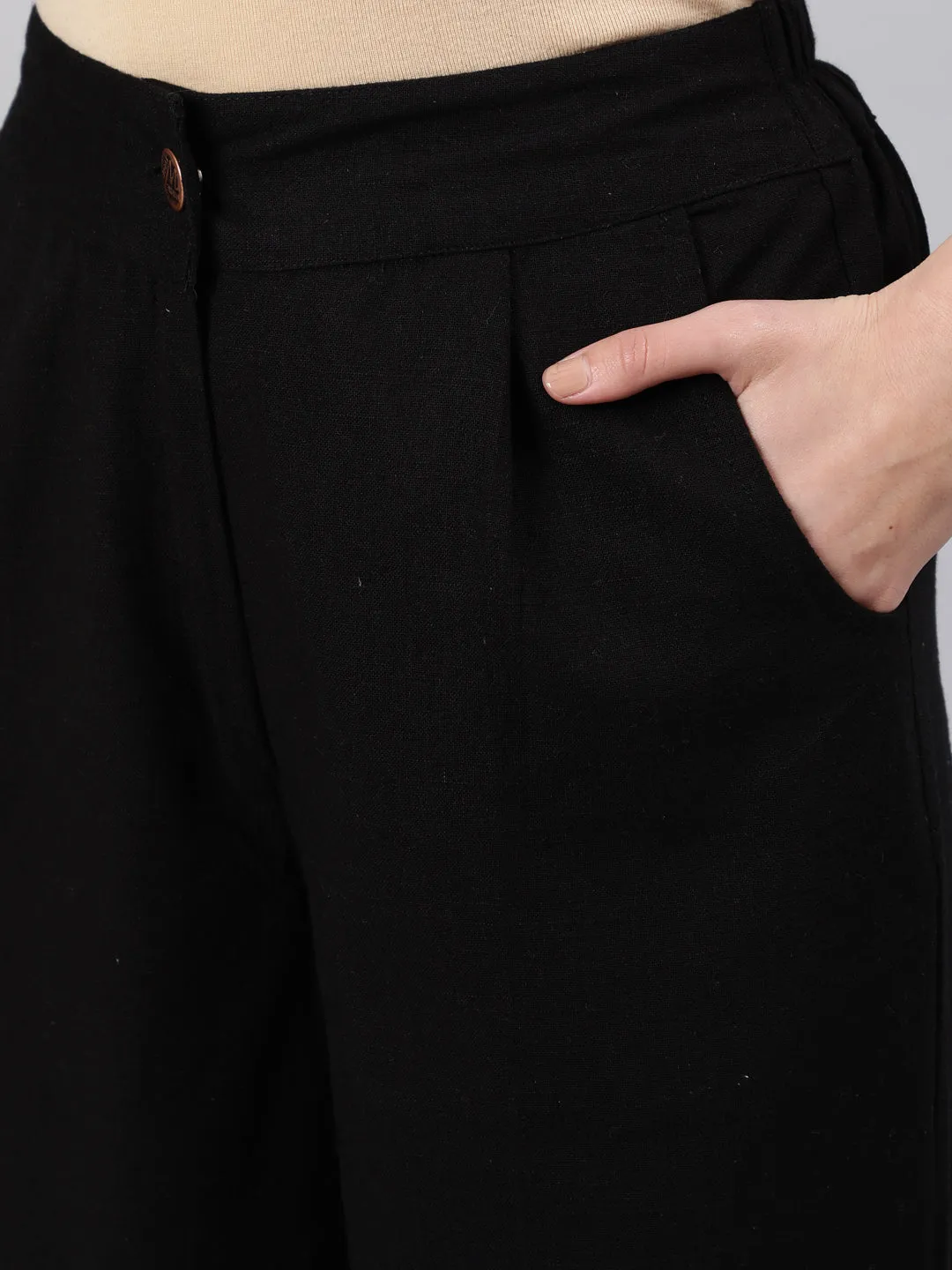 Black Cotton Slub Straight High Rise Bottom-Fold Pants