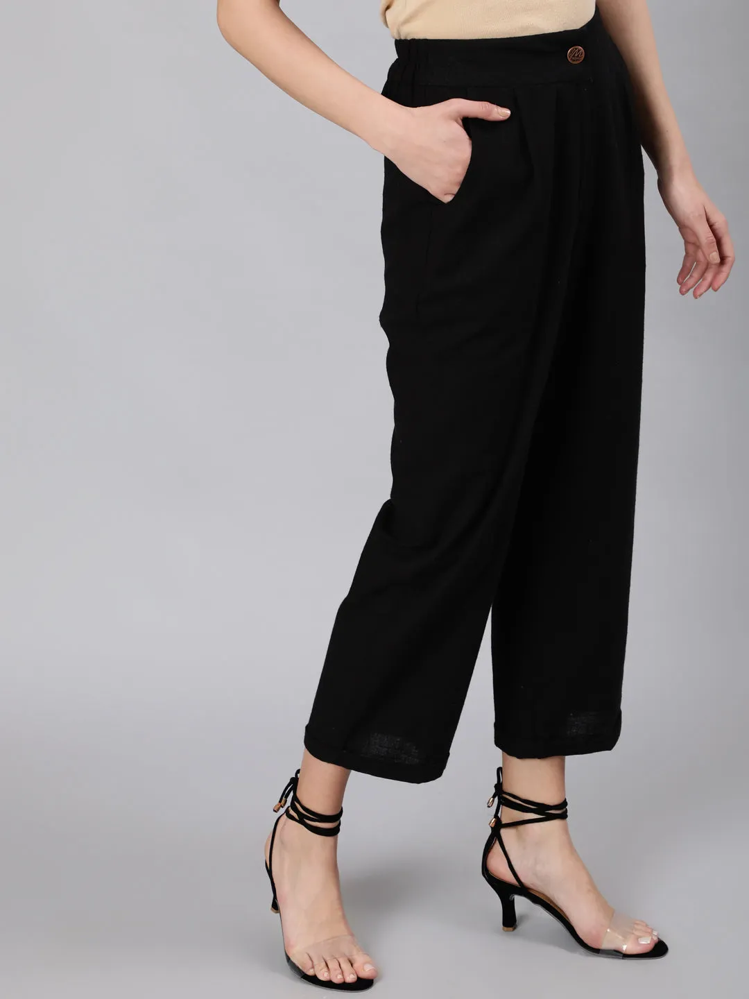 Black Cotton Slub Straight High Rise Bottom-Fold Pants