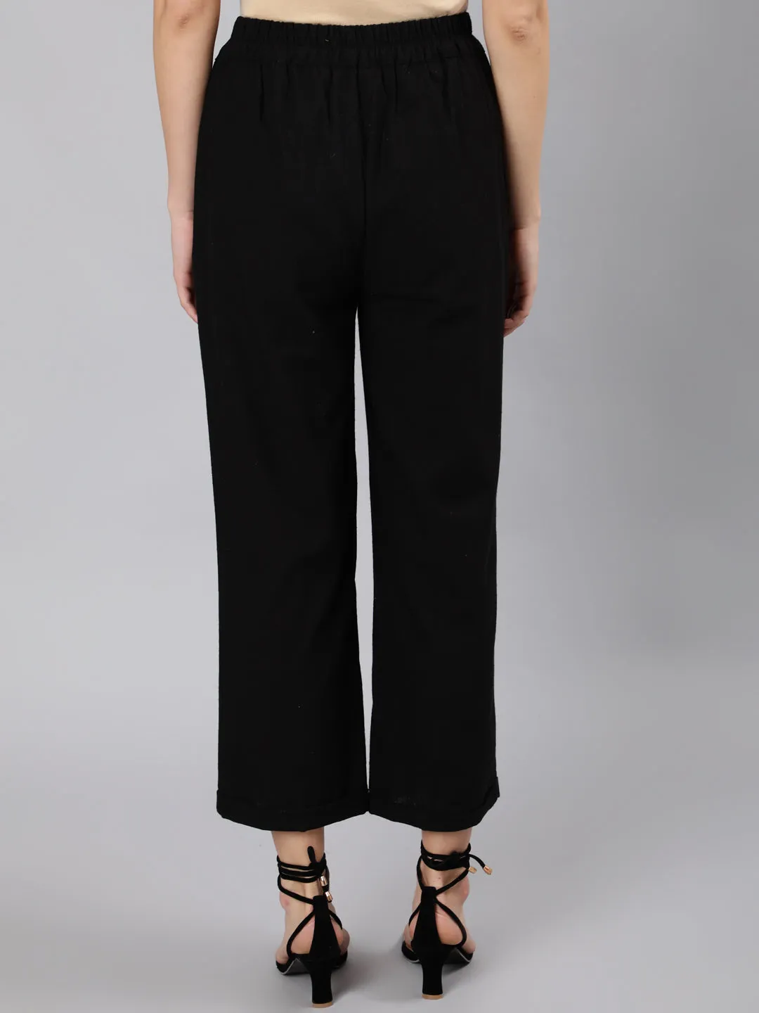 Black Cotton Slub Straight High Rise Bottom-Fold Pants