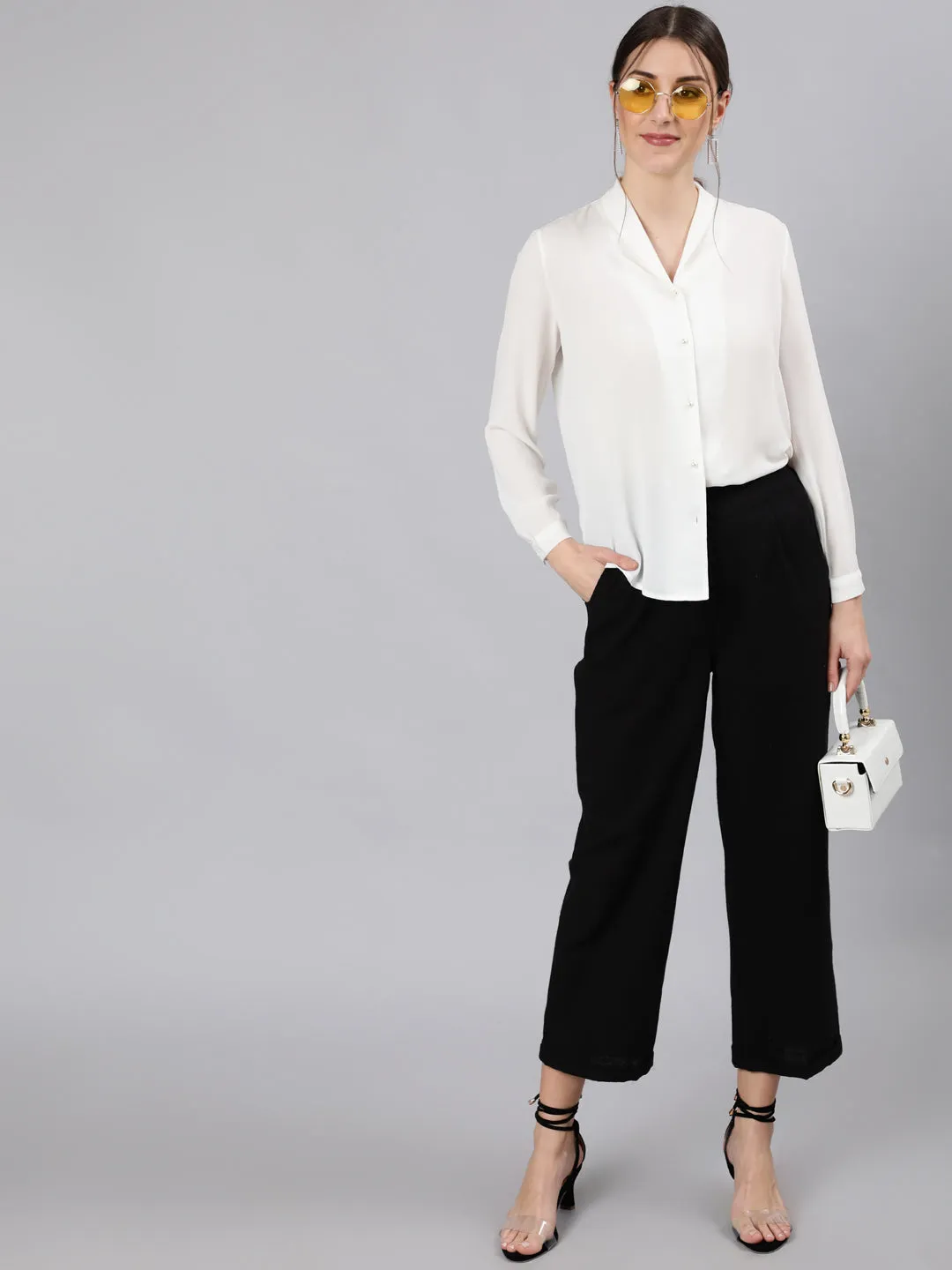 Black Cotton Slub Straight High Rise Bottom-Fold Pants