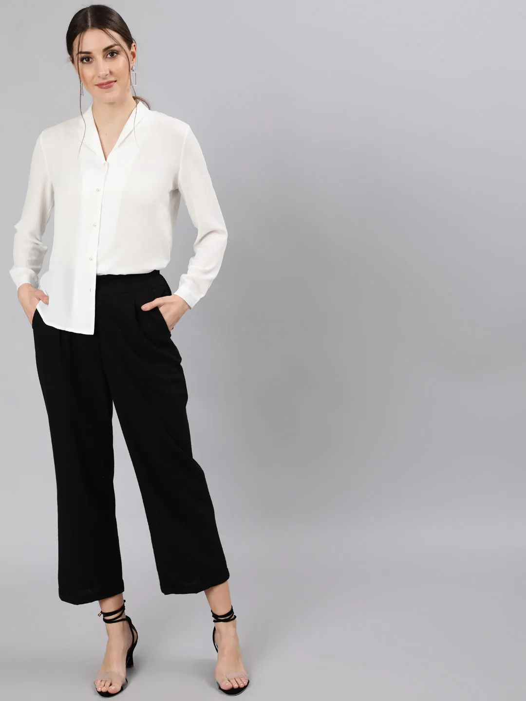 Black Cotton Slub Straight High Rise Bottom-Fold Pants