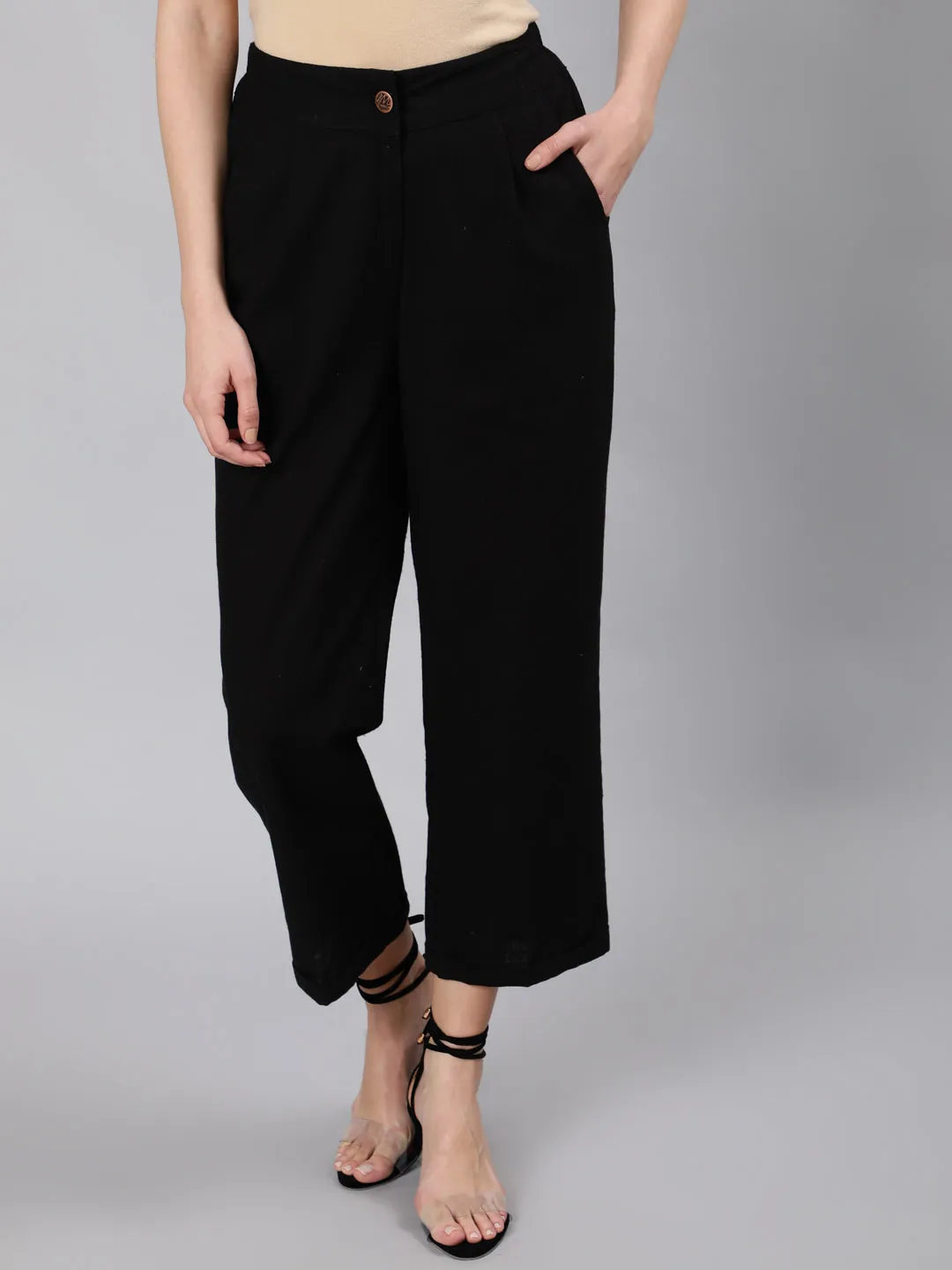 Black Cotton Slub Straight High Rise Bottom-Fold Pants