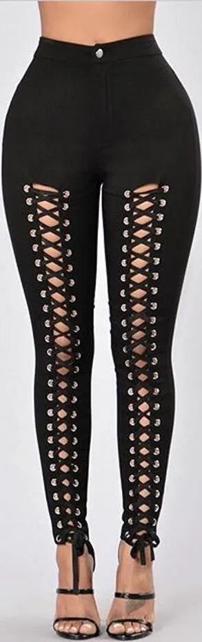 Black Hollow Out Lace Up Leg High Waist Pants