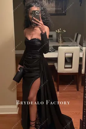 Black Off Shoulder Thigh Slit Panel Train Prom Dress