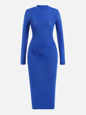 Blue Turtleneck Pleated Waist Maxi Dress