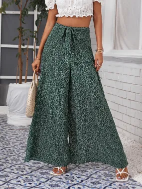 Boho All Over Print Belted High Waist Long Women Pants