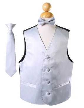 Boys Silver Satin Vest with Neck Tie and Bow Tie