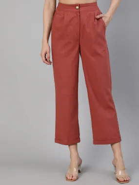 Brick Red Cotton Slub Straight High Rise Bottom Fold Pants