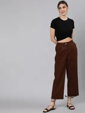 Brown Cotton Slub Straight High Rise Bottom-Fold Pants