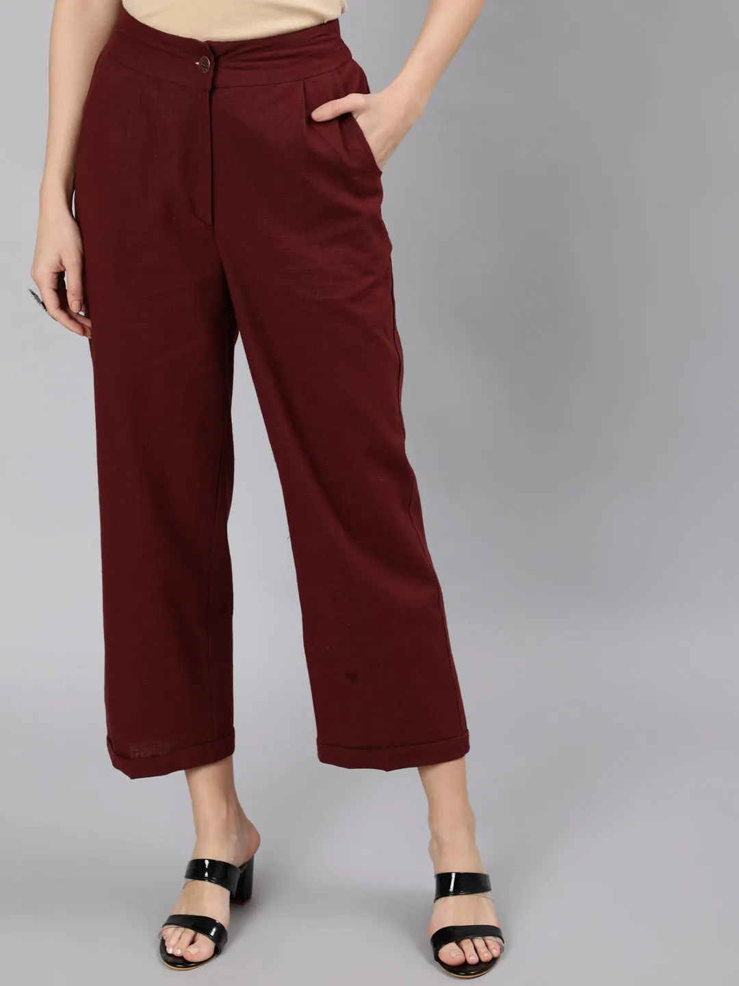 Burgundy Cotton Slub Straight High Rise Bottom-Fold Pants