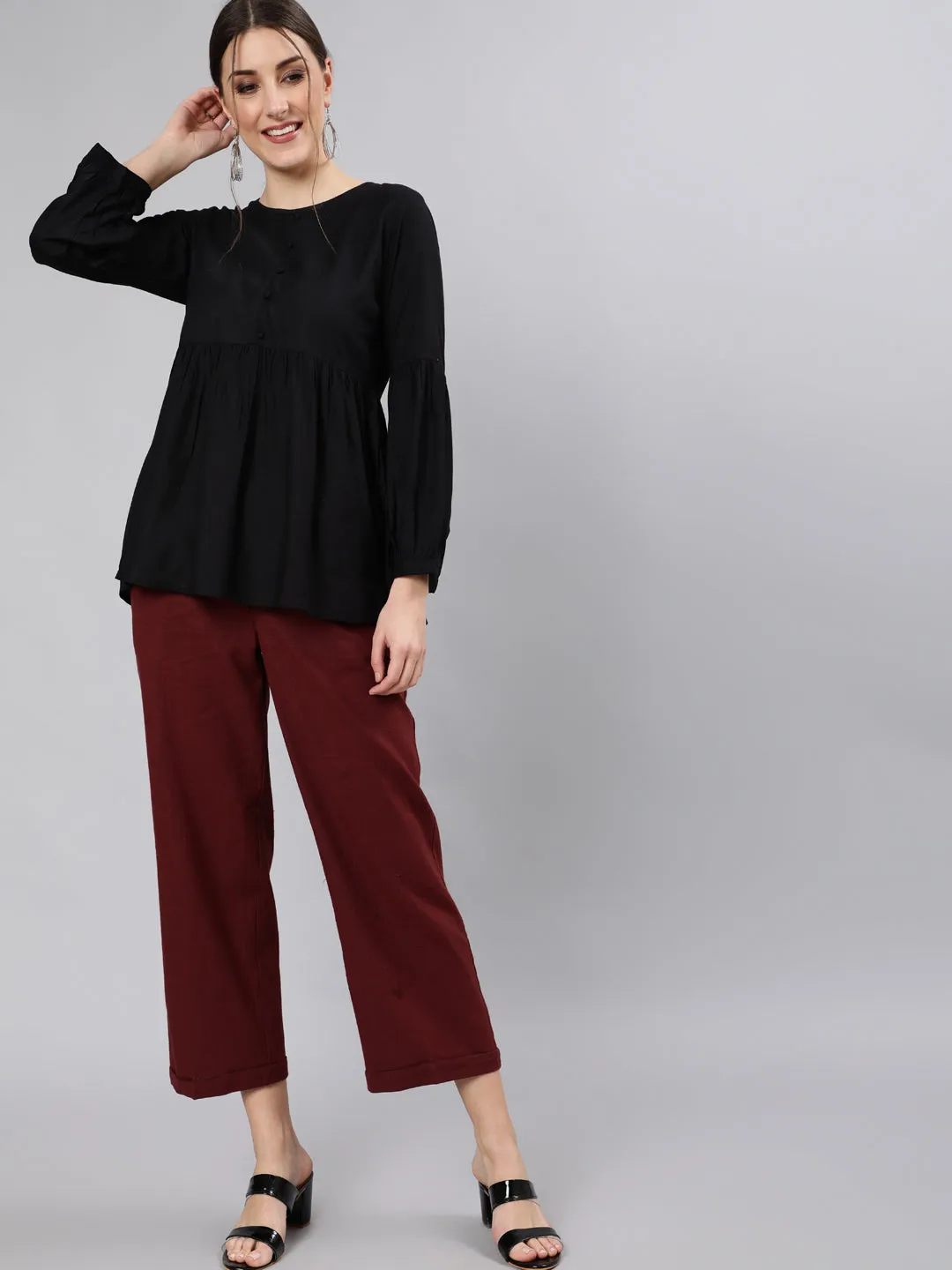 Burgundy Cotton Slub Straight High Rise Bottom-Fold Pants